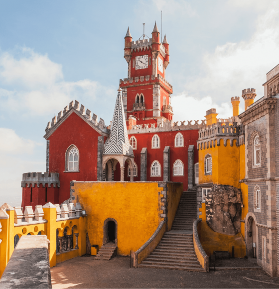 Entrance of colorful Pena Palace in Sintra, Portuguese Riviera